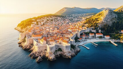 Sunset over historic city walls and coastal landscape in Dubrovnik