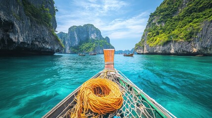 Scenic Tropical Landscape with Boat and Turquoise Waters in Thailand