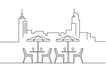 Obraz premium Outdoor cafe seating with city skyline in the background line art