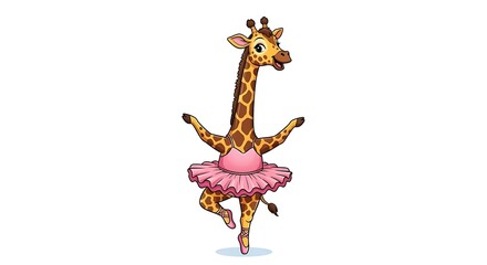 Naklejka premium Cartoon giraffe in a pink tutu and ballet shoes dancing on a white background in a graceful pose