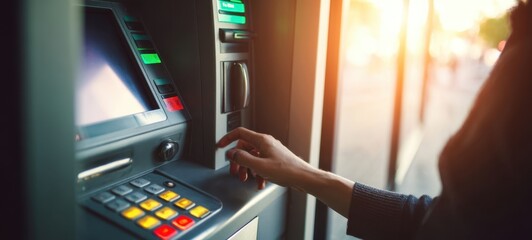 The ATM machine being used for a convenient cash withdrawal during sunset.
