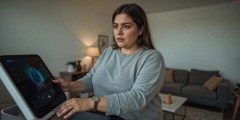 Woman using interactive display device in living room with couch and table in the background