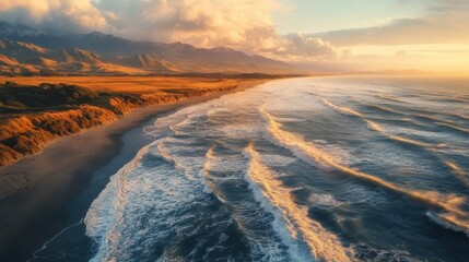 Serene Coastal Landscape During Golden Hour with Gentle Waves