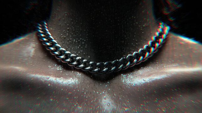 Close up of person neck and collarbone area, featuring shiny metallic chain necklace, with water droplets skin, and digital