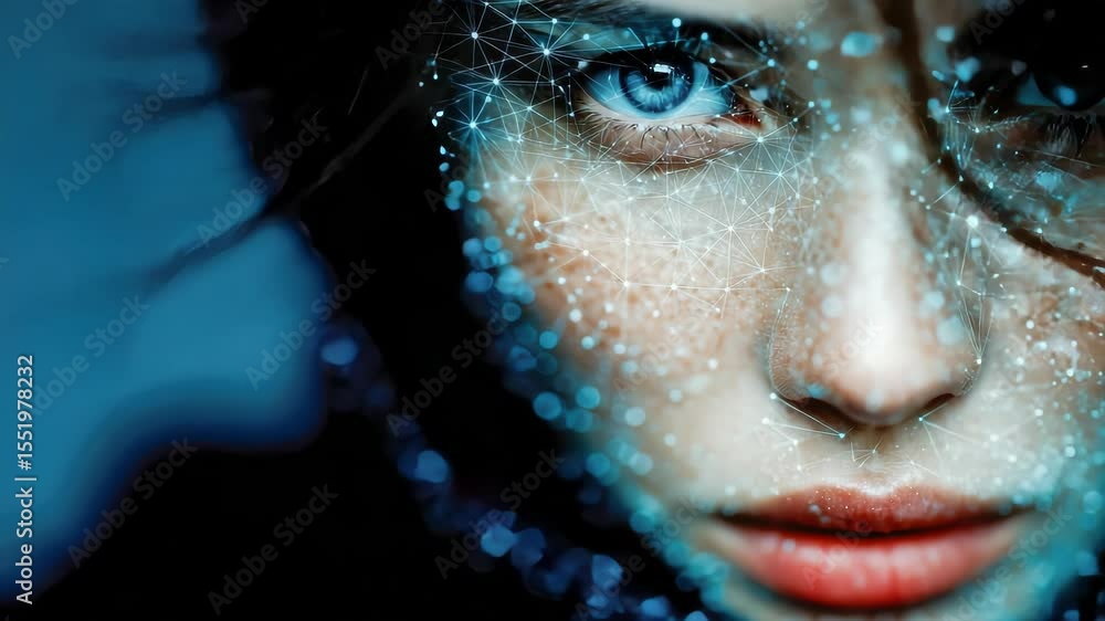 Poster close-up portrait of a woman face with blue eyes, overlaid with a digital network pattern and glowin