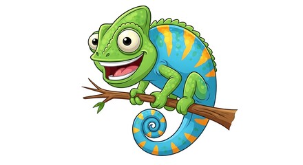 Cartoon chameleon with green head and blue body smiling while perched on a brown branch with leaves