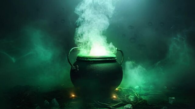 Mysterious cauldron with green, glowing potion and swirling smoke