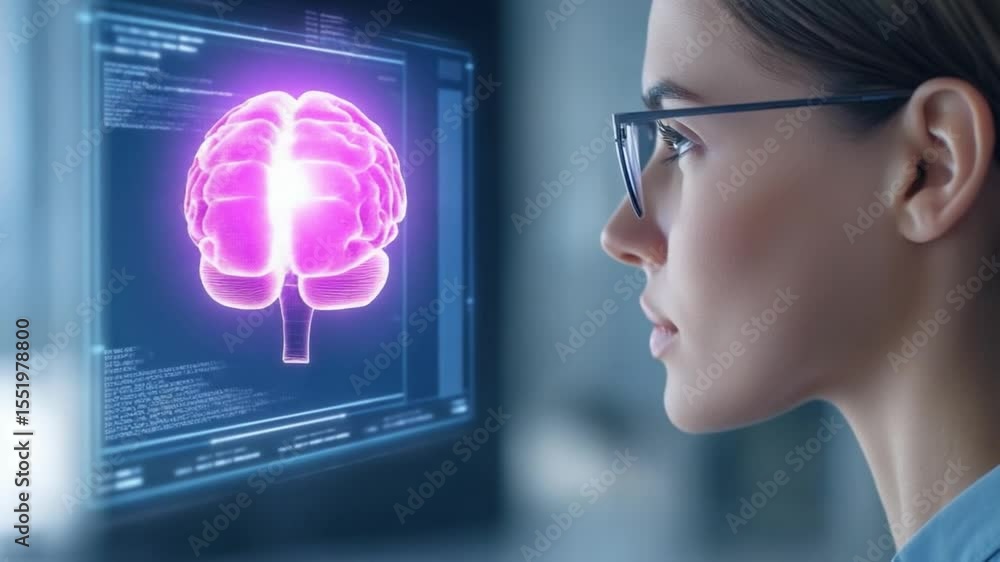 Poster Brain Study: A scientist focused intently on a monitor displaying a detailed graphic of the brain, epitomizing the wonders of neuroscience and human intellect.