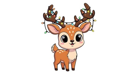 Cartoon deer with christmas lights on antlers standing on a white background illustration image