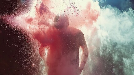 Colorful powder explosion captured mid air, slow motion effect, telephoto lens, bright backlight