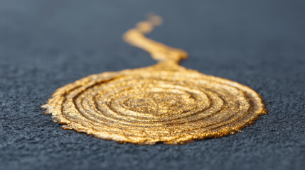 Naklejka premium Close up image of gold colored spiral pattern dark surface, with thin, winding tail extending from center outward