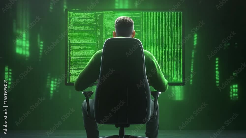 Leinwandbilder Cybersecurity Expert Analyzing Data: A focused cybersecurity expert is immersed in analyzing complex data on a large screen, illuminated by the glow of green code in a high-tech environment.
