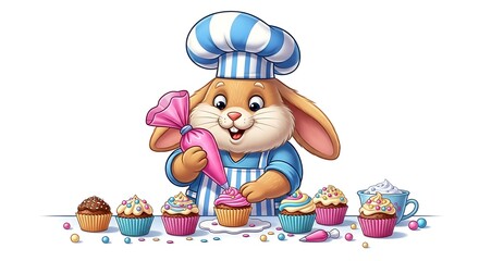 Naklejka premium Cartoon bunny chef decorating cupcakes with frosting and sprinkles on a white background table