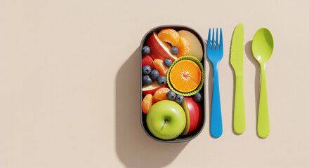 Flat lay of bento lunchbox with fresh fruit and vibrant cutlery 