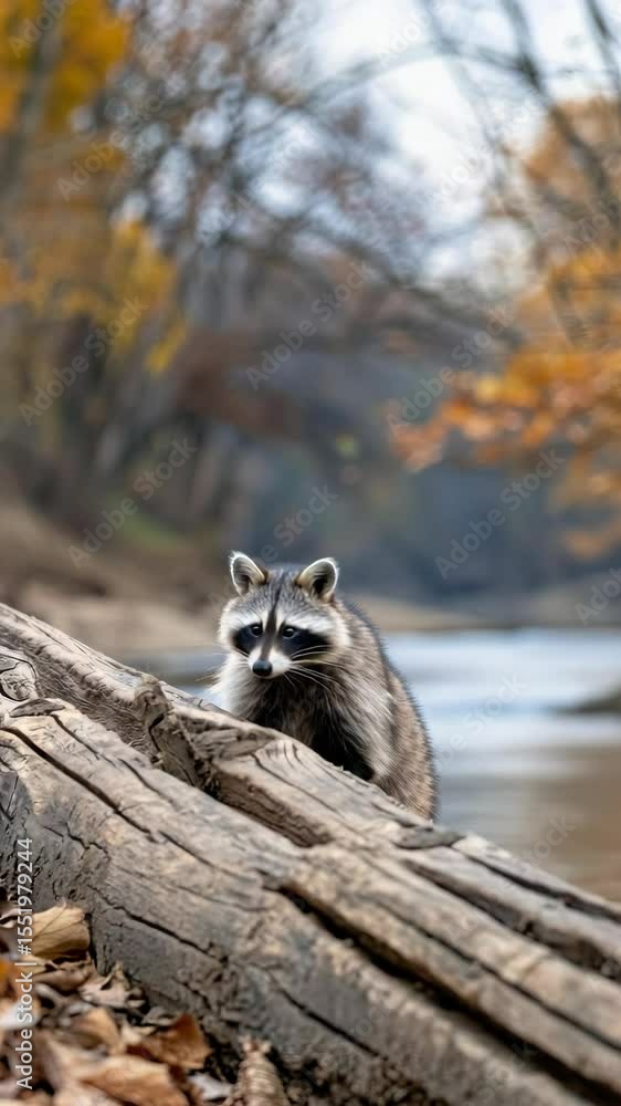 Poster a curious raccoon peeks from behind a log by the river, framed by colorful autumn trees and serene w