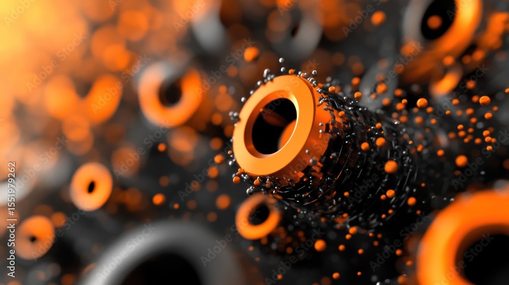 Poster abstract orange circular structures with particle dispersion and light effects