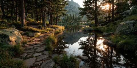 Scenic riverbank at sunset with rocky path and tall trees in a serene mountain landscape
