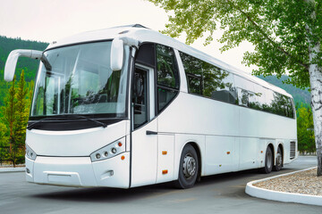 Modern tourist bus parked near green park ready for scenic trips and business travel opportunities