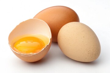 Close-up of three eggs, one cracked open with yolk