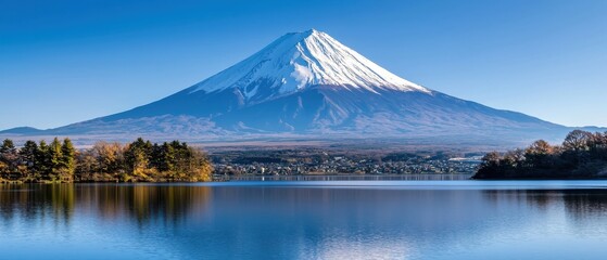 Majestic Mount Fuji Reflected in Calm Lake Surrounded by Clear Skies and Lush Greenery in Autumn Season