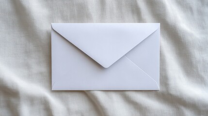 White envelope placed on soft fabric surface, showcasing a clean and minimalistic design, perfect for correspondence, invitations, or creative mockups with copy space for text or branding