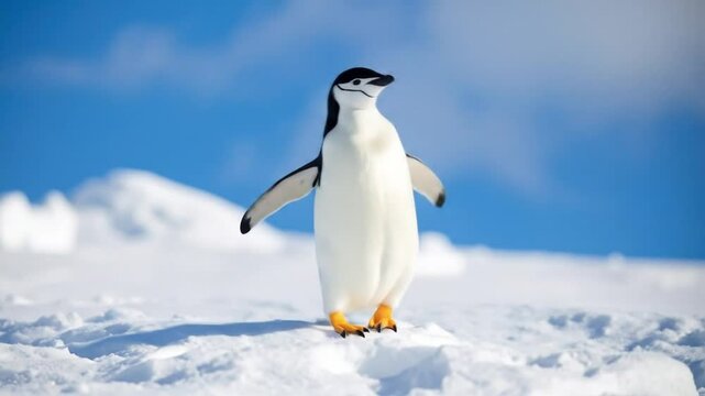 penguins walking in the snow with sky background