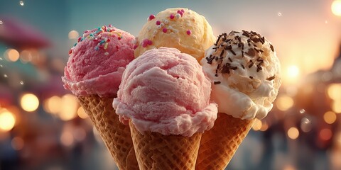 Colorful ice cream cones with various flavors on a sunny day at a lively outdoor fair