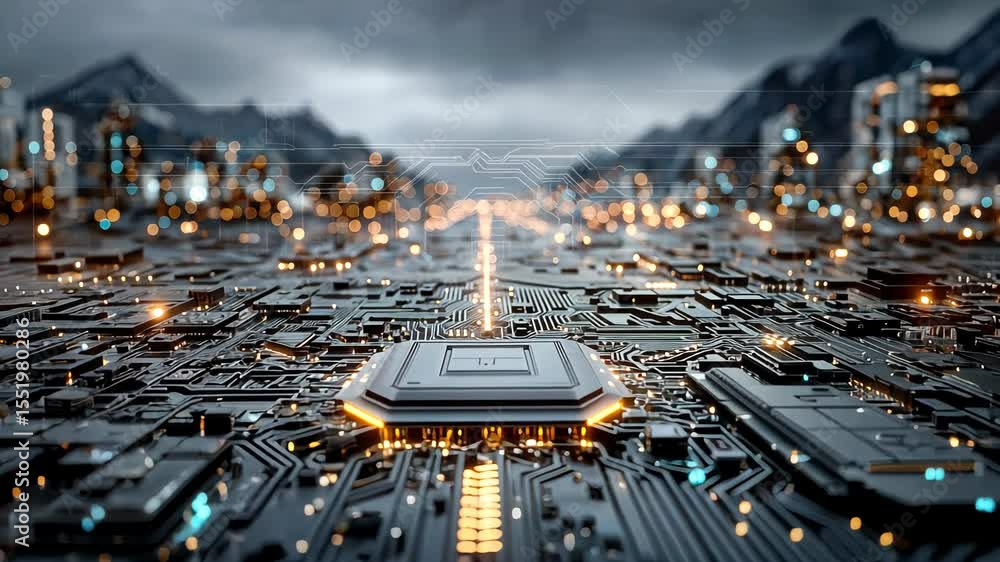 Poster detailed view of a modern circuit board with illuminated components and intricate pathways, emphasiz