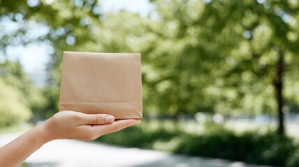 Hand holding a small brown paper bag in a lush green park, surrounded by trees and soft sunlight, conveying a sense of freshness and outdoor enjoyment in a natural environment