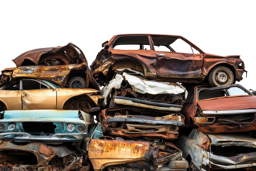 Old Rusty Junk Cars Stacked in Scrap Yard isolated on transparent white background, clipping path