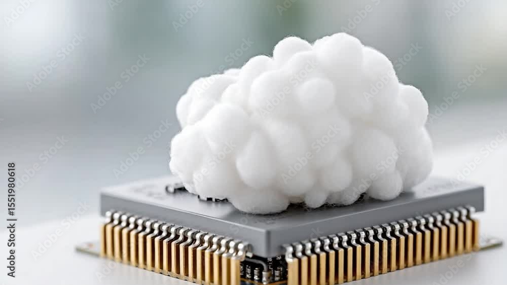 Poster Cloud Computing with Technology: A cutting-edge technological marvel showcasing a cloud form, signifying the evolution of data and information storage, elegantly perched upon a circuit board