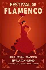 red Flamenco festival poster with a dancing woman in dynamic pose.Print ready template with traditional ornaments and gradients. Suitable for events, promotions, cultural designs.