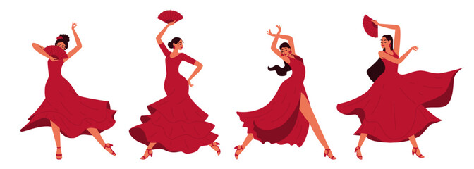 Four women in red dresses with fans dance flamenco. Spanish dance in various poses in a flat, modern style. Simple geometric style showing movement and traditional Spanish dance.