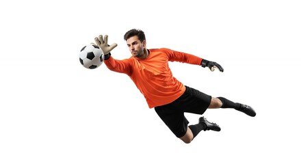 Athletic Goalkeeper Diving to Catch Black and White Soccer Ball on White
