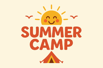 Bright summer camp logo with smiling sun and tent on light background