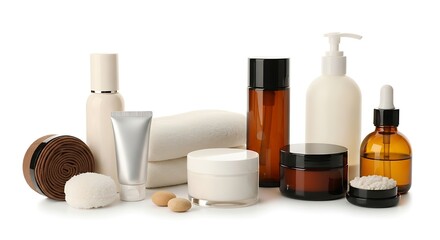 Cosmetic Products Still Life with Skincare Jars and Bottles on White