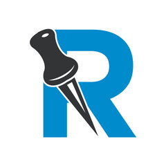 Initial Drawing Pin Logo combine with letter R vector template