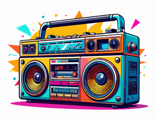Obraz premium Colorful Pixel Art Style Boombox with Orange Yellow and Blue Color Scheme Isolated on White Background for Retro Music and Audio Entertainment