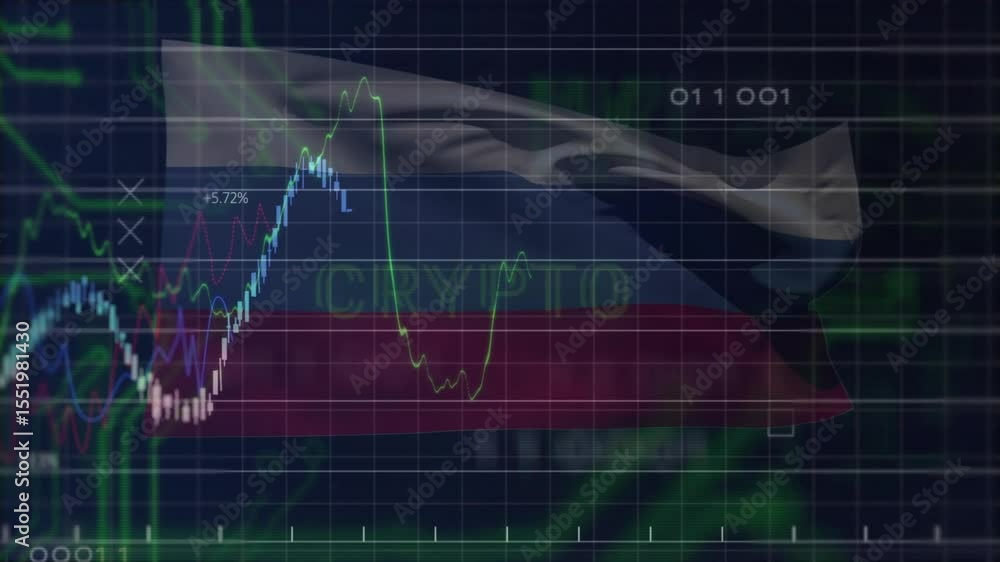 Poster grid overlay fading causing lines animating over russian flag waving visualizing crypto trends