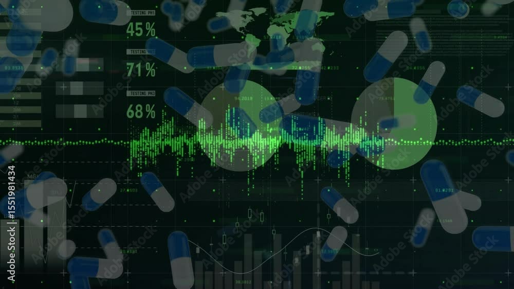 Poster waveform pulsing, capsules drifting toward viewer while dashboard charts animating data cycles