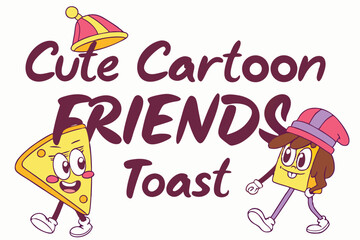 Cute cartoon toast friends in a retro 80s neon style