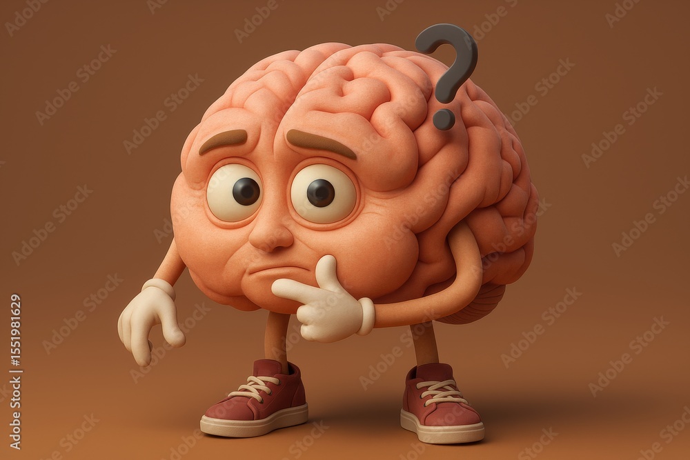 Poster brain character contemplating with question mark above head in 3d render on brown background for cre