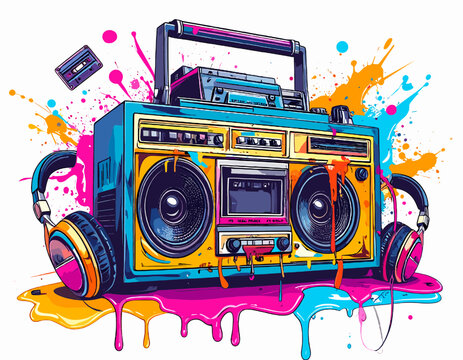 Colorful Retro Boombox with Headphones Cassette and Vibrant Splatter Paint Design on White Background for Music and Entertainment