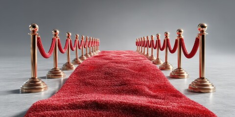Red carpet with velvet ropes set for a prestigious event in a modern venue