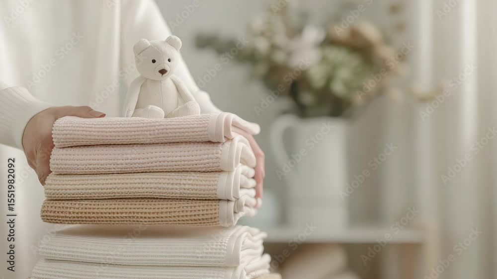 Poster hands arranging neatly stacked soft towels topped with a charming teddy bear, enhancing the warm and