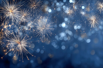 Obraz premium Spectacular New Years Eve fireworks display under a blue sky with festive bokeh effects for celebration