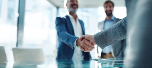 The handshake symbolizes a new partnership between business professionals.