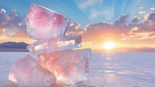 Crystal Salt: Delicate salt crystals, shimmering with subtle pink hues, rest gently in a breathtaking expanse. The warm light of sunset drapes the scene in a dreamlike atmosphere.