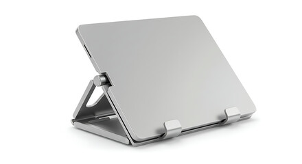 A modern, minimalist silver laptop stand, highlighting its sleek design and functional elegance. Perfect for ergonomic setups.