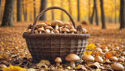 A wicker basket overflowing with various mushrooms is placed on a bed of fallen leaves in a vibrant autumn forest. Golden and orange foliage surrounds the scene, enhancing the seasonal beauty.